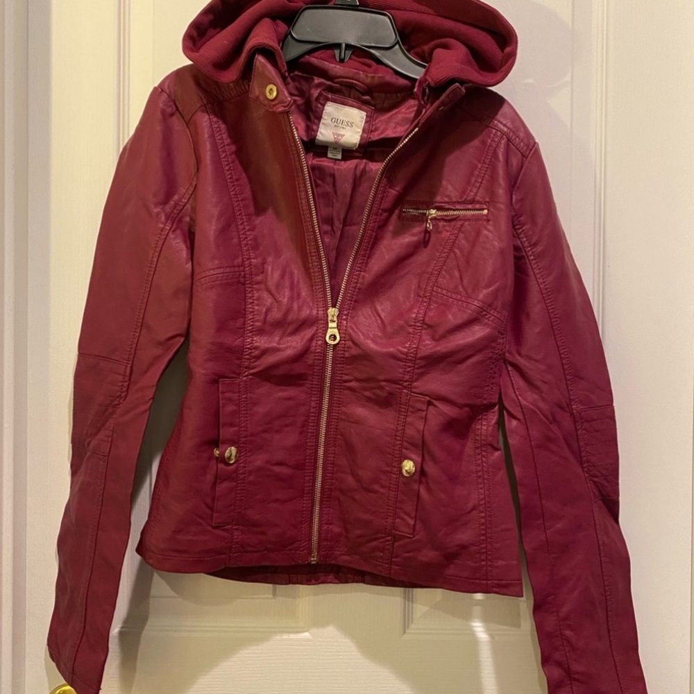 Maroon Guess Leather Jacket Size S For Petites